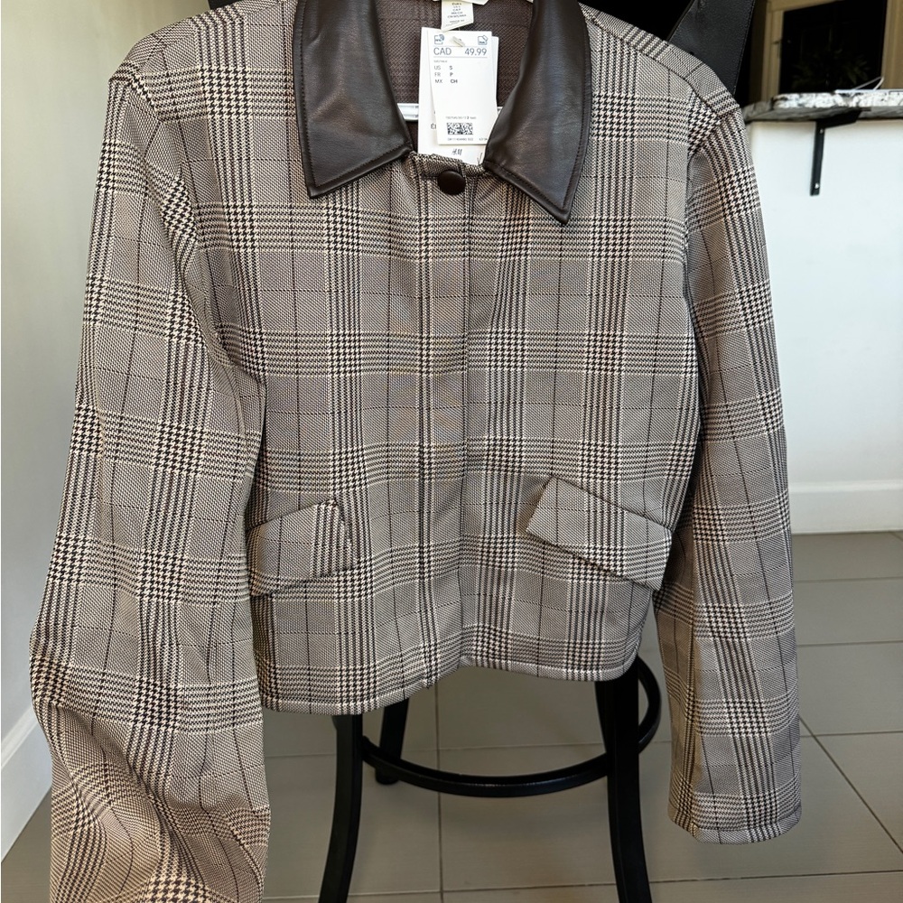 Plaid Women's Jacket with Leather Collar - Picture 3 of 6